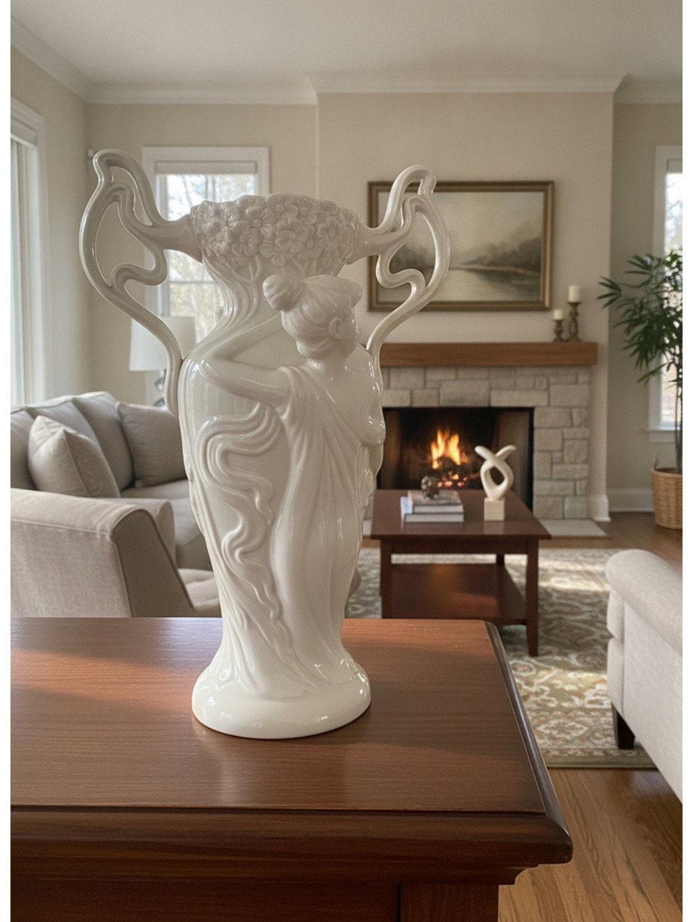 Vintage Porcelaine de Limoges White Ceramic Vase with Woman